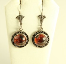 Vintage Sterling Silver Round Baltic Amber Sun Stone Hook Dangle Earrings - £50.68 GBP