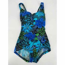 Maxine of Hollywood Shirred Front One Piece Swimsuit Sz 8 Blue Black Floral - £20.03 GBP