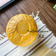 Set Of 2 Handmade &amp; Hand-Stitched Moroccan Pouf, Genuine Leather, Yellow... - $134.99