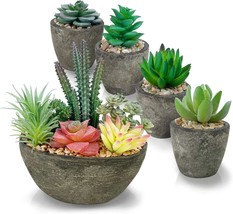  Plants Artificial Set of 5 Realistic Fake Succulents with Cement Pots - £32.15 GBP