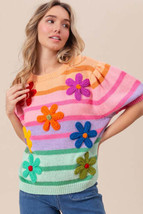 BiBi Flower Patch Puff Sleeve Striped Sweater - £43.80 GBP