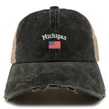 Trendy Apparel Shop Michigan USA Flag Frayed Bill Trucker Mesh Back Cap - Black - £16.07 GBP