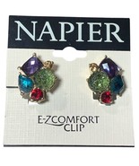 Vintage Napier TJG 14k Gold Overlay Multicolor Rhinestone Clip On Earrings - $20.00