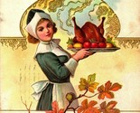 Cordial Thanksgiving Greetings Dutch Woman w Turkey on Platter Embossed ... - $8.87