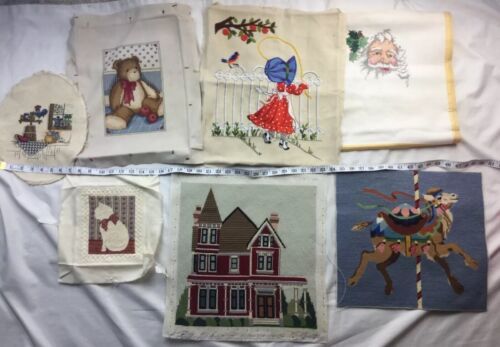 Needlepoint Lot of 7 Finished Or Partial UnFinished Cross Stitch Crewel - $59.38