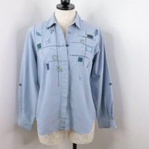 Napa Valley Petites Women&#39;s M Blue Embroidered Leaf Button-Up Roll-Tab S... - $7.00