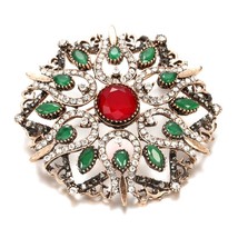 Ethnic Wedding Flower Bead Brooch Pin Old Gold Color Vintage Red Stone B... - £6.88 GBP