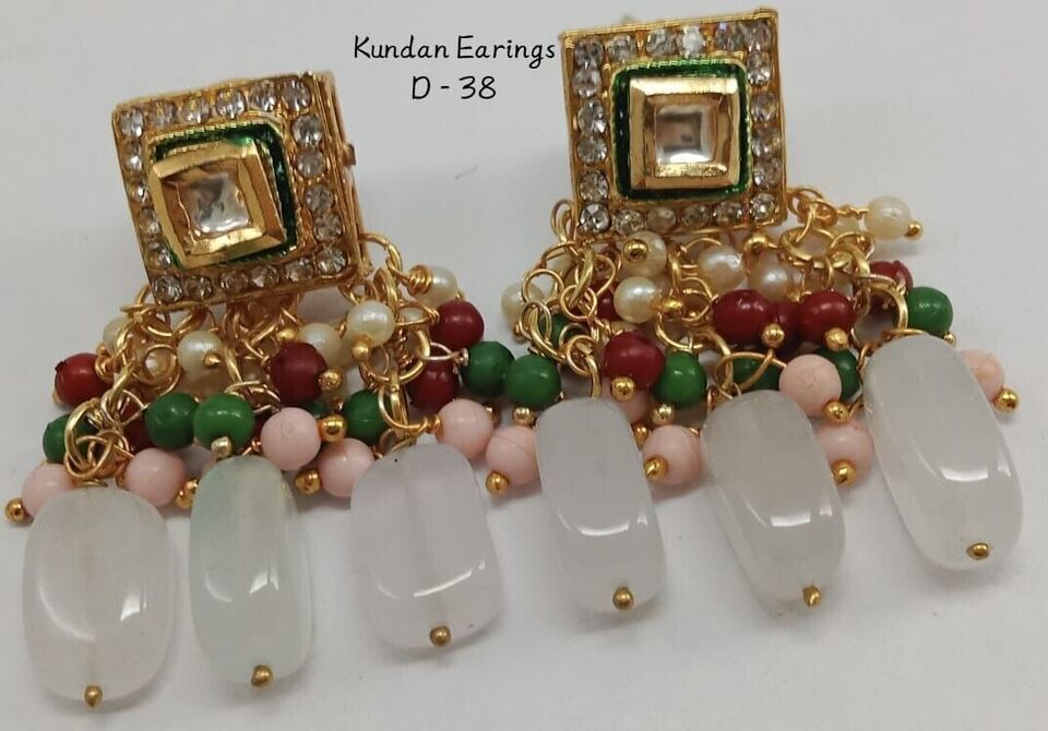 Primary image for Indian Kundan Earrings Tops Bridal Beads Meena Gift Punjabi Muslim Jewelry Set2