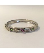 Ornate Bracelet Green Purple Rhinestones Silvertone Metal Bangle 8.25&quot; I... - $22.00