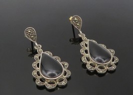 925 Sterling Silver - Vintage Black Onyx &amp; Marcasite Dangle Earrings - EG5481 - £33.10 GBP