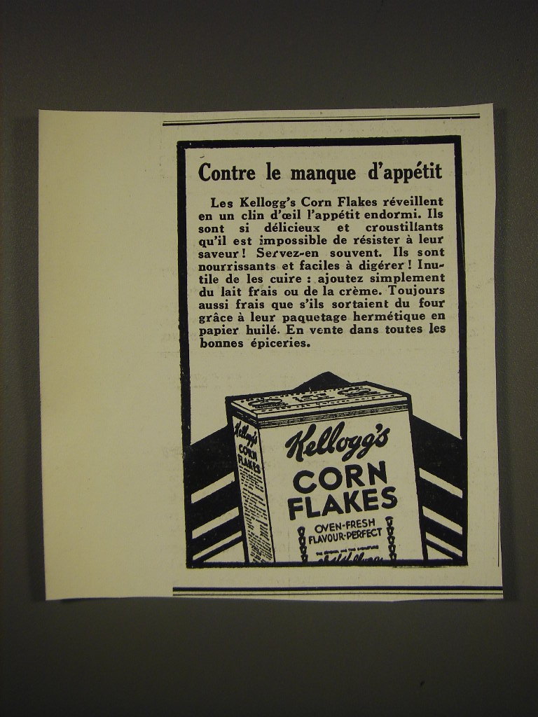 Primary image for 1936 Kellogg's Corn Flakes Ad - in French - Contre le manque d'appetit