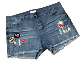 Distressed Cutoff Blue Jean Denim Shorts With Patches Size 14 / 1X - $12.77