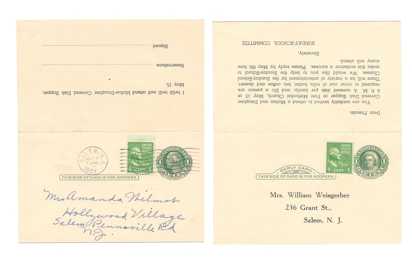 Uprated 1953 Salem NJ Sunday School Dinner UY7 Paid Reply Postal Card Folded - $5.95