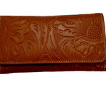 wallet zip around tri fold hand tooled floral design brown leather Mexic... - $44.50