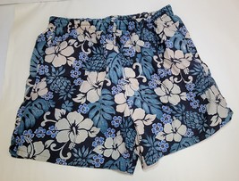 Vintage Sea Waves Men Size Large Black Teal Mesh Lined Floral Print Swim Shorts - £7.56 GBP