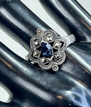 Vintage Cocktail Ring-Sterling Silver/Marcasite-Dark Blue Marquise Cut-s... - $37.72