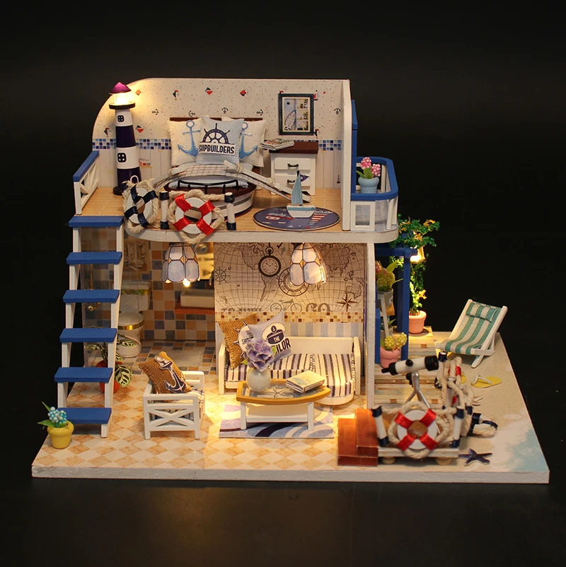 Creative handmade DIY toy assembly doll house, wooden beach small house model, - £23.56 GBP