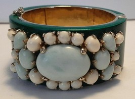 Ann Taylor Wide Hinged Cuff Bracelet Green Wood with Stones Safety Latch Chunky - £22.27 GBP