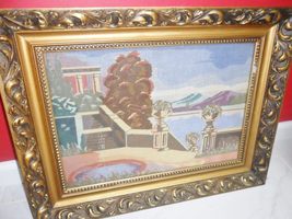 Compatible with Vintage 1930s needlepoint of a villa and fountain, gorgeous fram - $204.81