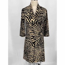 J McLaughlin Faux Wrap Dress Sz S Beige Black Tiger Stripe 3/4 Sleeve Bodycon - £23.44 GBP