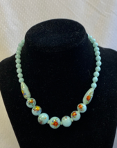 Vtg Art Glass Hand Knotted Necklace Japan Blue Floral Beads Jewelry 15.5&quot; Strand - £111.84 GBP