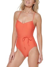 $98 Tommy Hilfiger Womens Crisscross-Back Tie-Belt One-Piece Swimsuit Orange 14 - £15.08 GBP