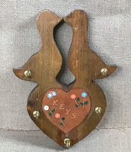 Vintage Rustic Folk Art Wood Key Holder Kissing Ducks Birds Heart Flowers - $17.82
