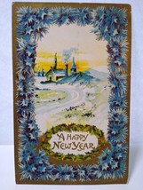 Happy New Year Postcard Blue Flowers Church Scenic Series 2129 Vintage Germany - £6.79 GBP