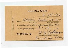 Regina Officers Mess Privileges Card 1946 Regina Saskatchewan Canada - $27.72