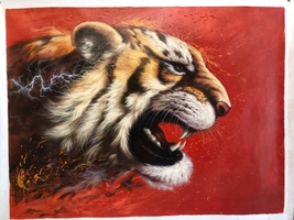 Angry Tiger with Lightning Oil Painting Unmounted Canvas 30x40 inches - £558.25 GBP