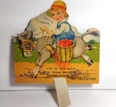 Child Rides Donkey Vintage Mechanical Valentine Die-cut Greeting Card Vintage - £17.55 GBP
