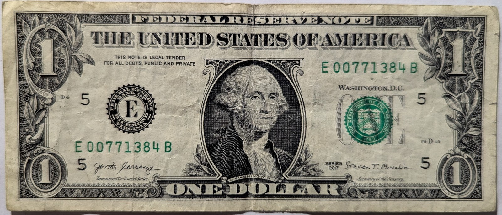 US$1 Fancy Serial Number 2017 James Bond 007  00771384 - $1.95