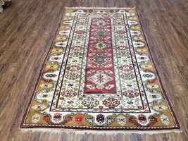 Turkish Caucasian Area Rug 4x7 Vintage Hand-Knotted Wool Talish Carpet Cream Red - £374.82 GBP