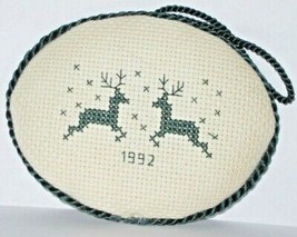 1992 Christmas Ornament 2 Bucks Deer Cross Stitch Oval Green Ivory Padde... - $15.84