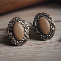 Oval Cabochon Grey Metal Vintage Earrings Womens Jewelry Costume Medium Weight - £22.01 GBP