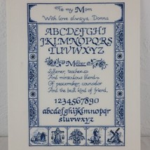 Mother Sampler Embroidery Finished ABC Love Delft Blue Floral Country Cottage - $38.95