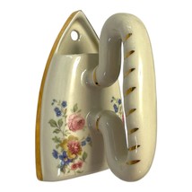 Vintage Ceramic Flat Iron Wall Pocket – Floral &amp; Gold Trim – Edwardian K... - $24.00