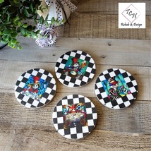 Alice In Wonderland Decor Coaster Set White Rabbit Harlequin Checked Coasters - £44.75 GBP