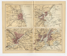 1888 Original Antique City Map Of New York Chicago Boston Philadelphia Usa - £24.47 GBP