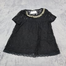 Haute Society Shirt Womens XL Black Short Sleeve Rhinestone Sheer Round Neck - $18.69