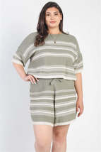 Plus Size Olive Green  Striped Knit Short Sleeve Crop Top High Waist Shorts Set - £19.98 GBP