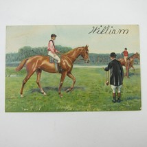 Postcard Horse Race Jockeys Ride Brown Horses Embossed Antique - £7.84 GBP