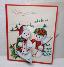 Christmas Greeting Card Dressed Snowmen Diecut Foldout Mid Century Holid... - £20.91 GBP