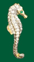 vintage seahorse rhinestone gold tone green eyse brooch - £19.60 GBP