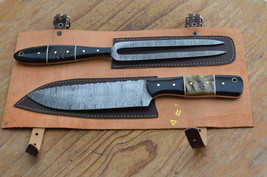 vintage handmade damascus steel knife and fork set BBQ set 004 - $1,618.10 MXN