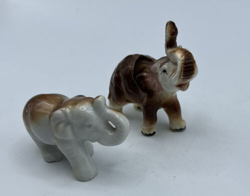 Primary image for Figurines Elephant 2 Vintage Bone China Brown White 2 x 2.5 and 2.25 x 1.5