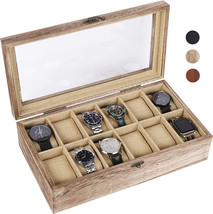 12 Slot Men Watch Box Case Rustic Wood Glass Display Storage Organizer T... - £71.17 GBP