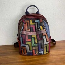 Vintage First Layer Cow Leather Backpack Women Bag 2022 New Colorful Stitching L - £95.39 GBP