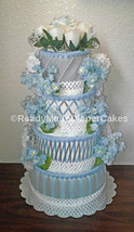 4 Tier Grey and Light BlueThemed Baby Shower 4 Tier Floral Diaper Cake - £82.85 GBP