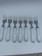 Williams Sonoma BRASSERIE BLUE White Stainless &amp; Porcelain Salad Fork Set Of 7 - £63.71 GBP